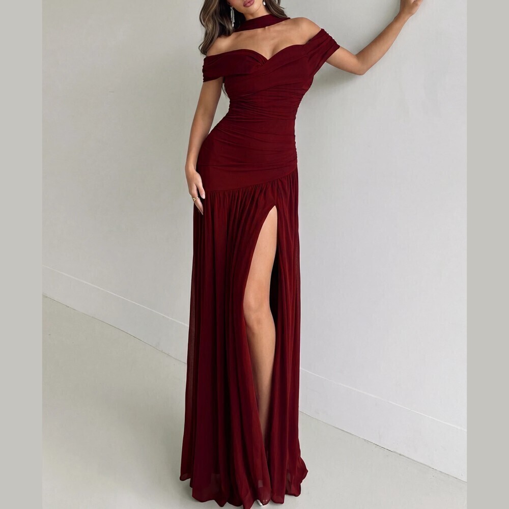 Burgundy Ruched Choker Neck Cold Shoulder Thigh Slit Maxi Dress